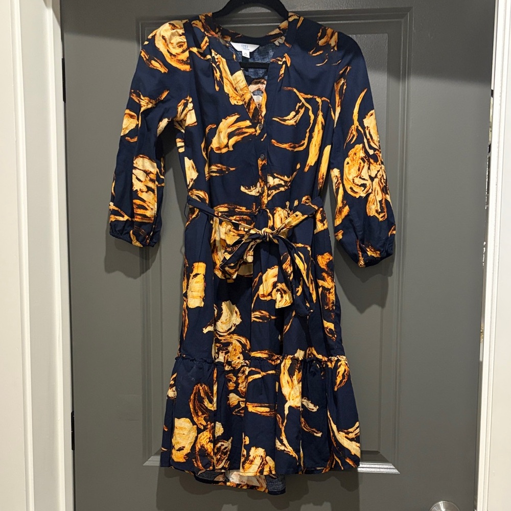 Navy and Mustard Floral Tie-Waist Dress